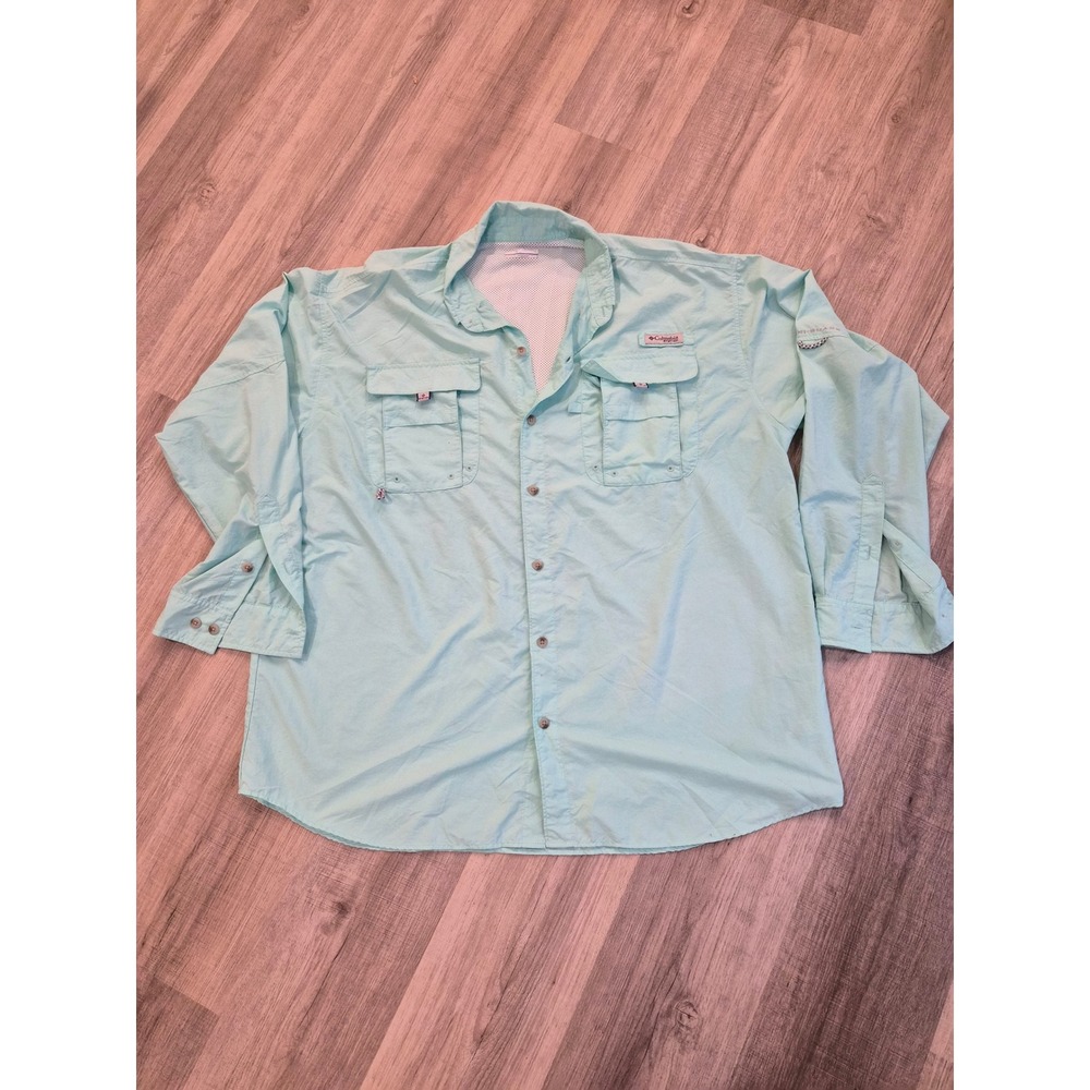 Columbia PFG Bahama II Vented Fishing Shirt Mens XL Long Sleeve Aqua Blue FM7048